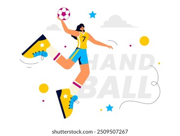 Handball Vector Illustration of a Player Touching the Ball and Scoring a Goal During a Sports Competition in a Flat Style Cartoon Background