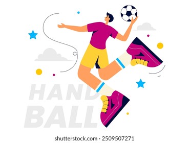 Ilustração de vetor de handebol de um jogador tocando a bola e marcando um gol durante uma competição esportiva em um plano de fundo de desenhos animados estilo