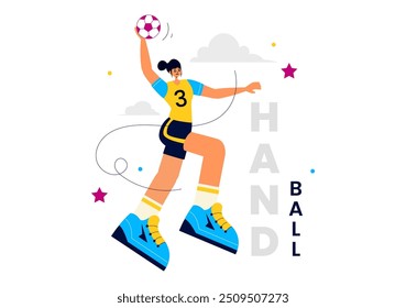 Handball Vector Illustration of a Player Touching the Ball and Scoring a Goal During a Sports Competition in a Flat Style Cartoon Background