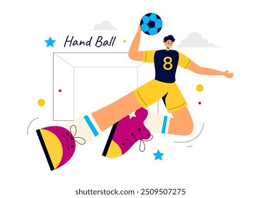 Ilustração de vetor de handebol de um jogador tocando a bola e marcando um gol durante uma competição esportiva em um plano de fundo de desenhos animados estilo