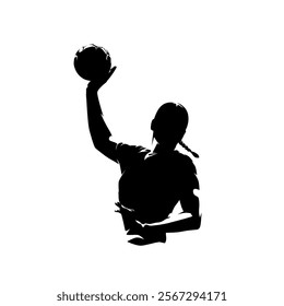 Handball women logo, isolated vector silhouette, front view. Team sport athlete, woman throwing ball