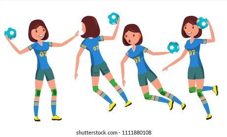 Handball Young Woman Player Vector. Girl Athlete. Throws Ball In Jump. Attack Figure. Flat Cartoon Illustration