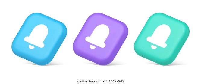 Handbell ring sound notification button incoming message call notification 3d realistic blue purple and green icons. Bell incoming audio signal alarm web alert notification online chat