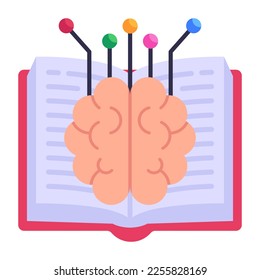 Handbook and brain with nodes denoting a concept of smart book flat icon 