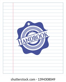 Handbook emblem draw with pen effect. Blue ink. Vector Illustration. Detailed.