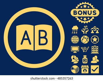 Handbook icon with bonus images. Vector illustration style is flat iconic symbols, yellow color, blue background.