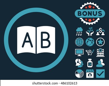 Handbook icon with bonus symbols. Vector illustration style is flat iconic bicolor symbols, blue and white colors, dark blue background.