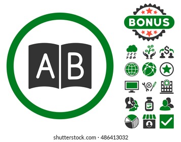 Handbook icon with bonus symbols. Vector illustration style is flat iconic bicolor symbols, green and gray colors, white background.