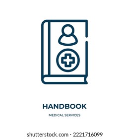 Handbuchsymbol. Lineare Vektorgrafik aus der Sammlung medizinischer Dienstleistungen. Rahmenhandbuch-Symbol, Vektorgrafik. Dünnliniensymbol für Web- und mobile Apps, Logo, Printmedien.