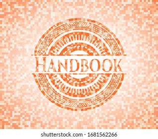 Handbook orange tile background illustration. Square geometric mosaic seamless pattern with emblem inside.