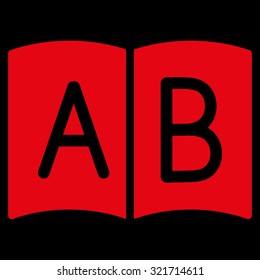 Handbook vector icon. Style is flat symbol, red color, rounded angles, black background.