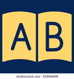 Handbook vector icon. Style is flat symbol, yellow color, rounded angles, blue background.