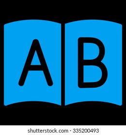 Handbook vector icon. Style is flat symbol, blue color, rounded angles, black background.