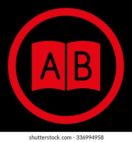 Handbook vector icon. Style is flat rounded symbol, red color, rounded angles, black background.