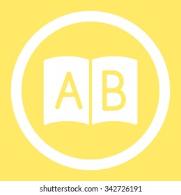 Handbook vector icon. Style is flat rounded symbol, white color, rounded angles, yellow background.
