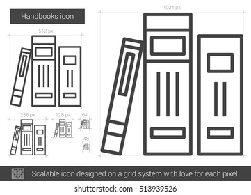Ícone de linha de vetor Handbooks isolado no plano de fundo branco. Ícone de linha de manuais para infográfico, site ou aplicativo. Ícone escalável projetado em um sistema de grade.