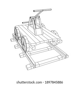 Handcar transportation. Draisine or rail vehicle. Wireframe low poly mesh vector illustration.