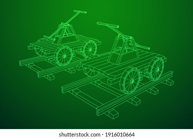 Handcar transportation. Draisine or rail vehicle. Wireframe low poly mesh vector illustration.