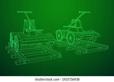 Handcar transportation. Draisine or rail vehicle. Wireframe low poly mesh vector illustration.