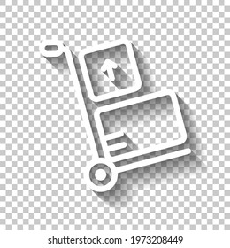 Handcart with boxes, moving packages, simple business icon. White linear icon with editable stroke and shadow on transparent background