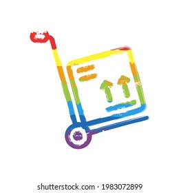 Handcart with boxes, moving packages, simple business icon. Drawing sign with LGBT style, seven colors of rainbow (red, orange, yellow, green, blue, indigo, violet