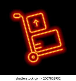 Handcart with boxes, moving packages, simple business icon. Orange neon style on black background. Light linear icon with editable stroke