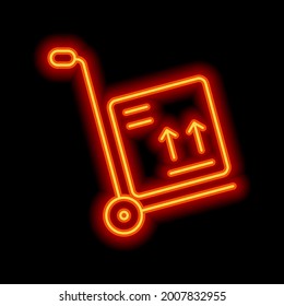 Handcart with boxes, moving packages, simple business icon. Orange neon style on black background. Light linear icon with editable stroke