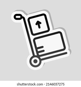 Carro de mano con cajas, paquetes en movimiento, un sencillo icono comercial. Etiqueta lineal, borde blanco y sombra simple sobre fondo gris