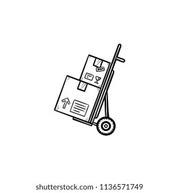 Handcart with cardboard boxes hand drawn outline doodle icon. Shopping, package delivery, shipment concept. Vector sketch illustration for print, web, mobile and infographics on white background.