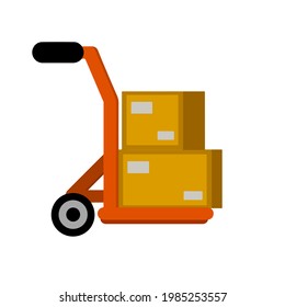 Handcart with crates. Shipping service and cart. Warehouse and logistics. Pushcart with cargo. Delivery of goods.
