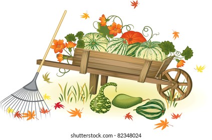 Handcart with heap of pumpkins - each pumpkin is very detailed and separate object