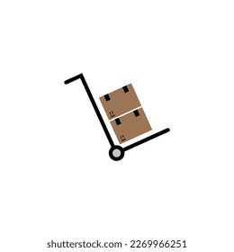 Handkarren-Symbol mit zwei Frachtkästen. Frachtbeförderung. Vektorgrafik einzeln auf weißem Hintergrund.