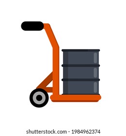 Handcart with oil barrel. Shipping service and fuel. Warehouse and logistics. Pushcart with cargo. Delivery of goods. Flat cartoon illustration