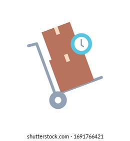 carro de mano con cajas de paquetes e icono de reloj sobre fondo blanco, estilo plano, ilustración vectorial