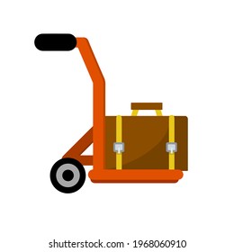 Handcart with suitcase. Transportation service at airport or hotel. Trolley with luggage. Pushcart with a case. Flat cartoon isolated on white