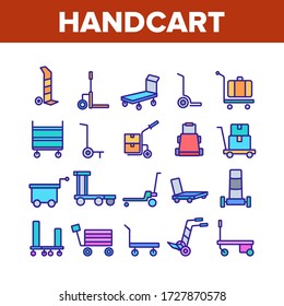 Handcart Transport Collection Icons Set Vector. Cargo Handcart For Transportation And Delivery Box And Baggage, Forklift And Cart Concept Linear Pictograms. Color Illustrations