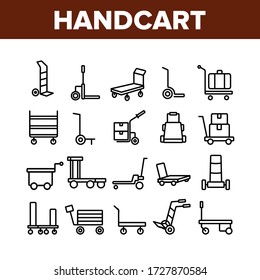 Handcart Transport Collection Icons Set Vector. Cargo Handcart For Transportation And Delivery Box And Baggage, Forklift And Cart Concept Linear Pictograms. Monochrome Contour Illustrations