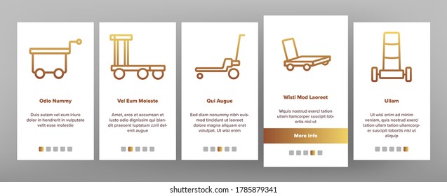 Handcart Transport Onboarding Mobile App Page Screen Vector. Cargo Handcart For Transportation And Delivery Box And Baggage, Forklift And Cart Illustrations