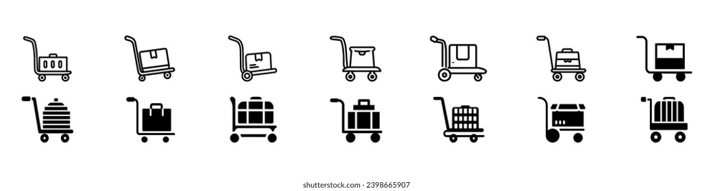 handcart vector icon, Handcart icon, A handcart with a box vector. Black single handcart 2 heavy cargo boxes line icon, Set icons of shopping baskets and carts, Set of shopping cart icons.