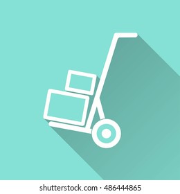 Handcart vector icon with long shadow. White illustration isolated on green background for graphic and web design.
