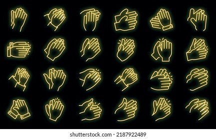 Conjunto de iconos de Handclap. Conjunto de esquemas de iconos de vectores de clap de mano color de neón en negro