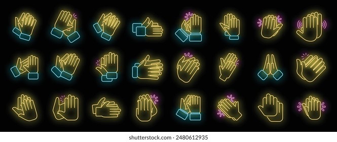 Handclap icons set outline vector. Acclaim body. Cheer clapping neon color on black