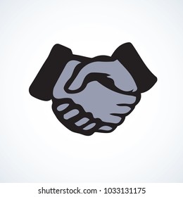 Handclasp of two arms. Pencil ui on white backdrop. Freehand linear black ink drawn picture logo sketchy in art retro scribble outline graphic style pen on paper. Closeup view with space for text