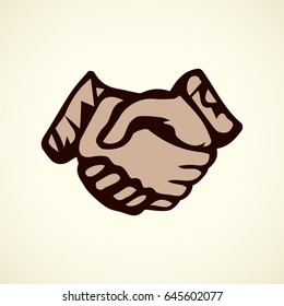 Handclasp of two arms. Pencil ui on white backdrop. Freehand linear black ink drawn picture logo sketchy in art retro scribble outline graphic style pen on paper. Closeup view with space for text
