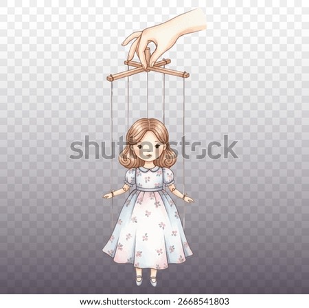 Hand-controlling marionette vector illustration. A human hand manipulates a marionette girl doll with a wooden crossbar and strings.