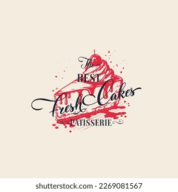 Hand-cooked Bakery Cake Abstract Sign, Symbol or Logo Template. Hand Drawn Piece of Cake and Typography. Confectionary Vector Emblem Concept. Isolated.