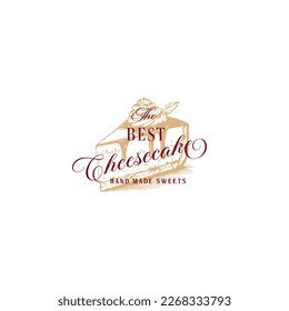 Hand-cooked Bakery Cheesecake Abstract Sign, Symbol or Logo Template. Hand Drawn Piece of Cake and Typography. Confectionary Vector Emblem Concept. Isolated.