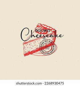 Hand-cooked Bakery Cheesecake Abstract Sign, Symbol or Logo Template. Hand Drawn Piece of Cake and Typography. Confectionary Vector Emblem Concept. Isolated.