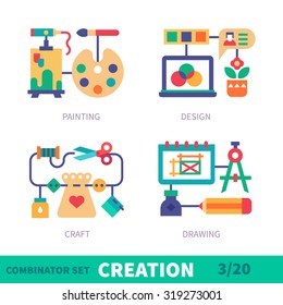 Handcraft and art-making. All the creation stuff: painting, design, craft, drawing, paint, brush, palette, scissors, tissue, needles, pencil, inc.compasses Vector flat icon and illustration set