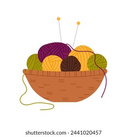 Handcraft basket with knitting. Yarn basket, handmade hobby, handicraft instruments cartoon vector illustration